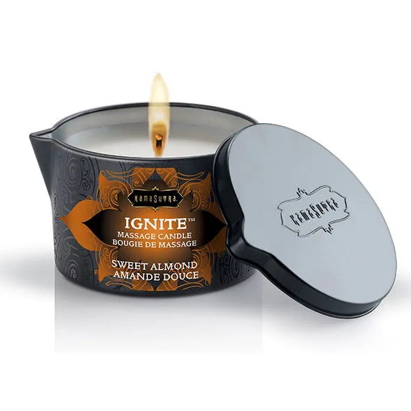 bougie massage amande méditerranéenne sensuelle relaxante hydratante nourrissante tiède parfumée élégante discrète compacte métal noir doré