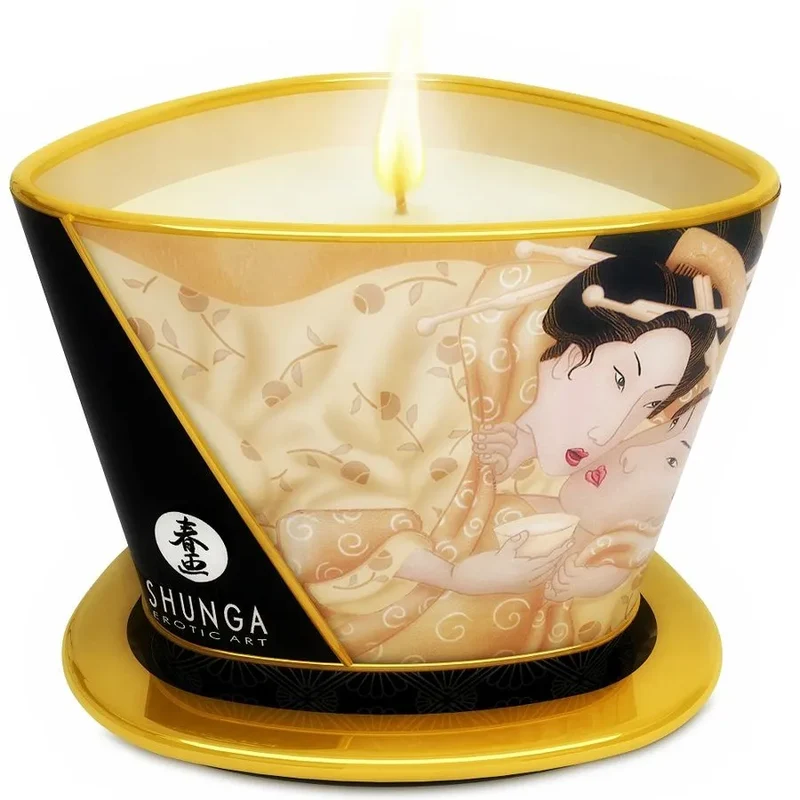Bougie Massage Vanille 170ml Shunga Art Érotique Japonais Design Céramique Brillante Dorée Sensuelle Relaxante Intime Romantique