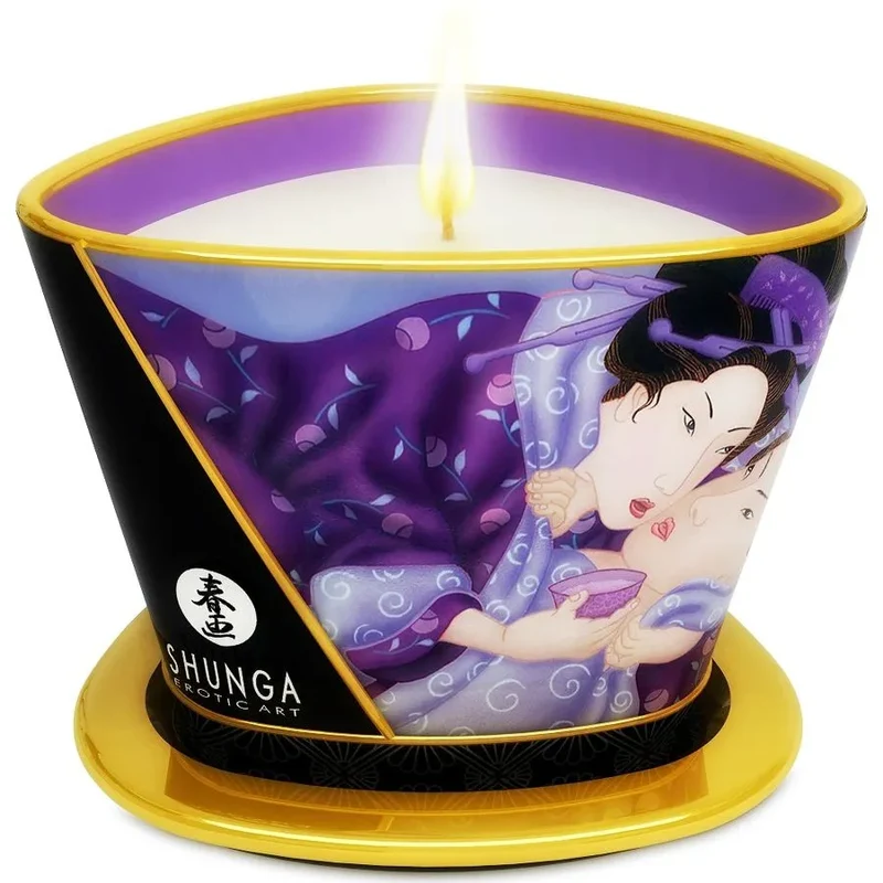 Shunga bougie massage fruits exotiques 170ml cire soja huiles naturelles huile chaude design conique motifs érotiques japonais socle doré sensuel