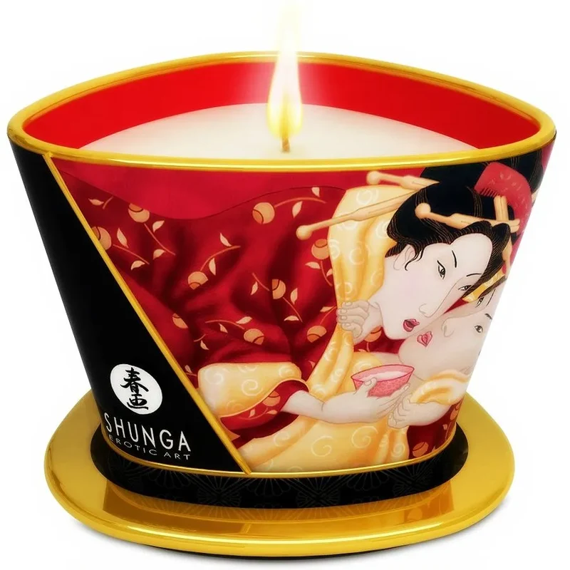 Bougie de massage Shunga Mini Caresse aux Bougies Fraises et Cava 170ml arômes sensuels illustration shunga cône tronqué cosmétique aromathérapie