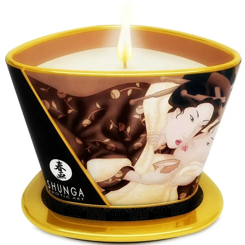 bougie massage érotique chocolat parfumé huile chaude tiède 170ml conique métal céramique noir marron doré estampes japonaises sensuelle romantique