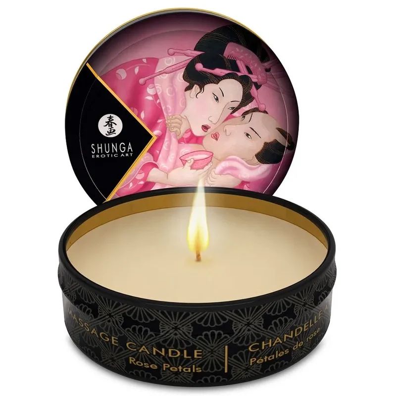 bougie massage intime sensuelle relaxante parfumée rose compacte nomade métallique noire dorée crémeuse chauffante hydratante romantique artistique japonaise sûre discrète