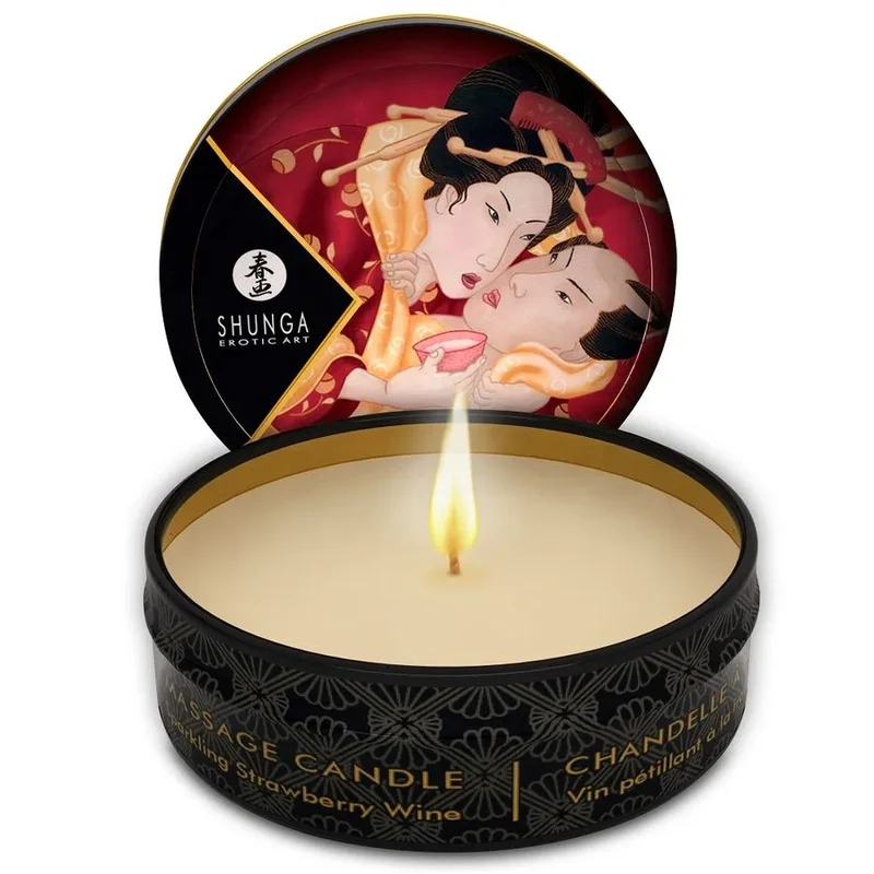 Bougie de massage érotique Shunga Mini Caresse aux Chandelles Fraises et Cava 30ml huile chaude pour intimité sensuelle
