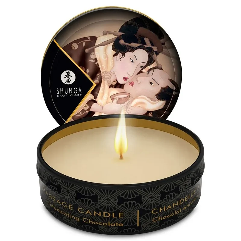bougie massage érotique chocolat enivrant trente millilitres design shunga artistique métal noir motifs dorés cire naturelle