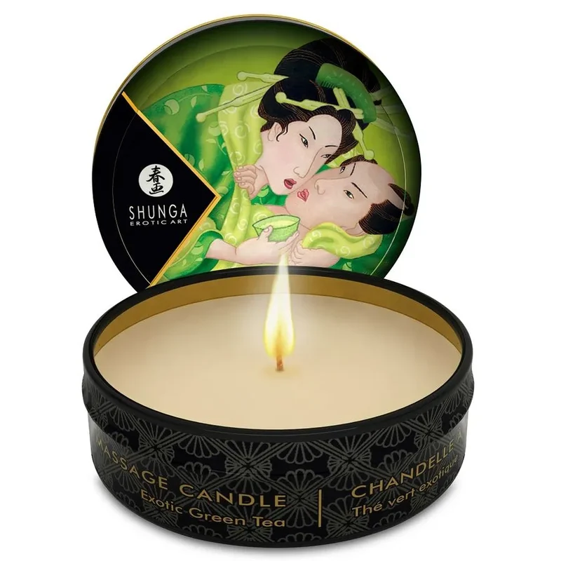 bougie massage érotique Shunga huile chaude thé vert aromatique sensuelle intime relaxante cire soja boîte métallique design japonais floral compacte