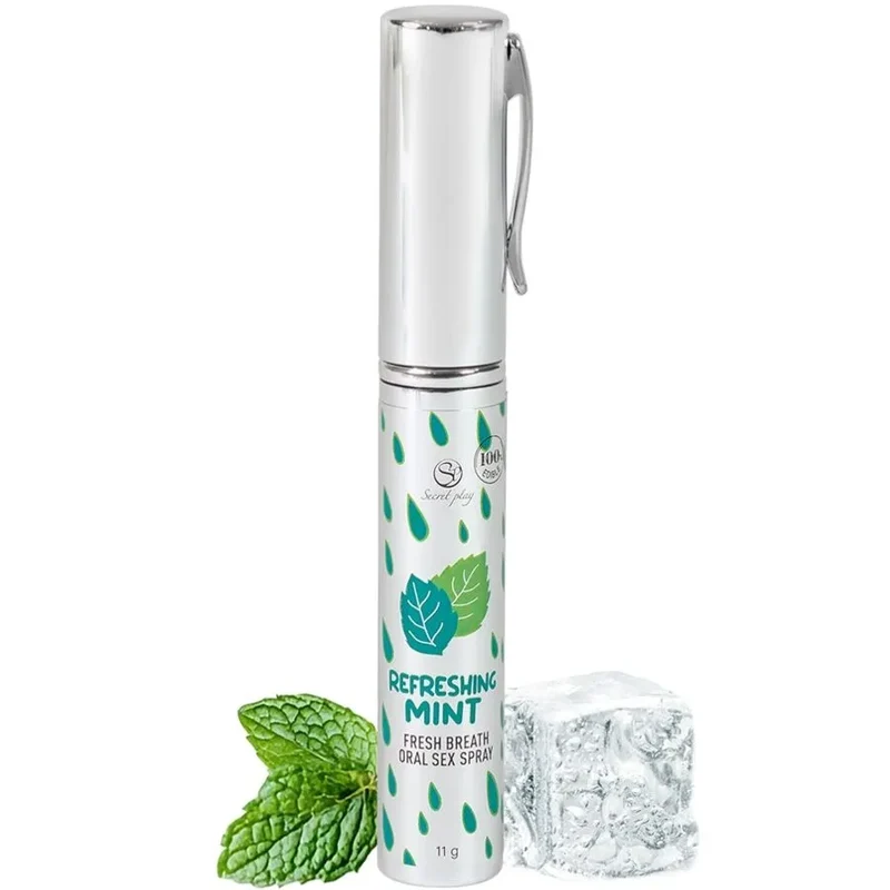 Spray hydratant menthe rafraîchissant oral intime haleine fraîcheur portable discret compact stylisé élégant capuchon métallique clip poche 11g comestible