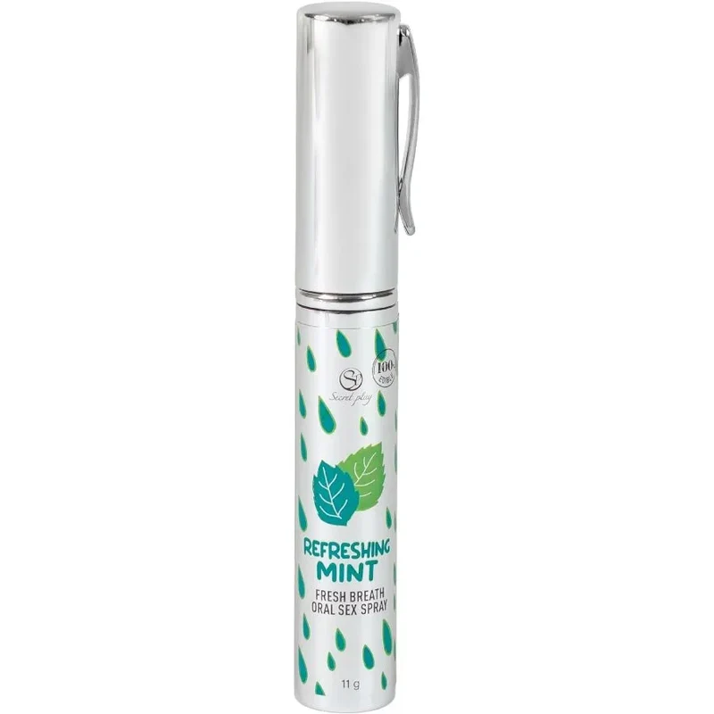 Spray hydratant menthe rafraîchissant oral intime haleine fraîcheur portable discret compact stylisé élégant capuchon métallique clip poche 11g comestible