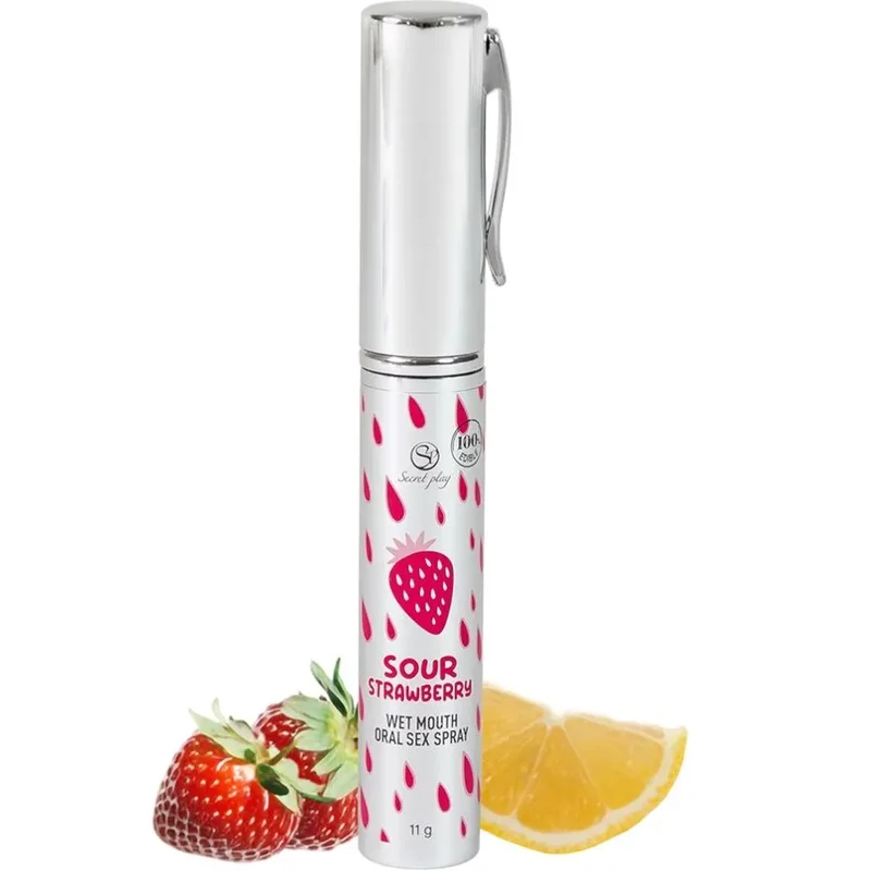 spray oral érotique fraise acidulé rafraîchissant hydratant comestible portable discret compact élégant texturé argenté clip pratique sûr léger
