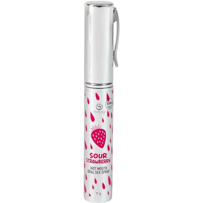 spray oral érotique fraise acidulé rafraîchissant hydratant comestible portable discret compact élégant texturé argenté clip pratique sûr léger