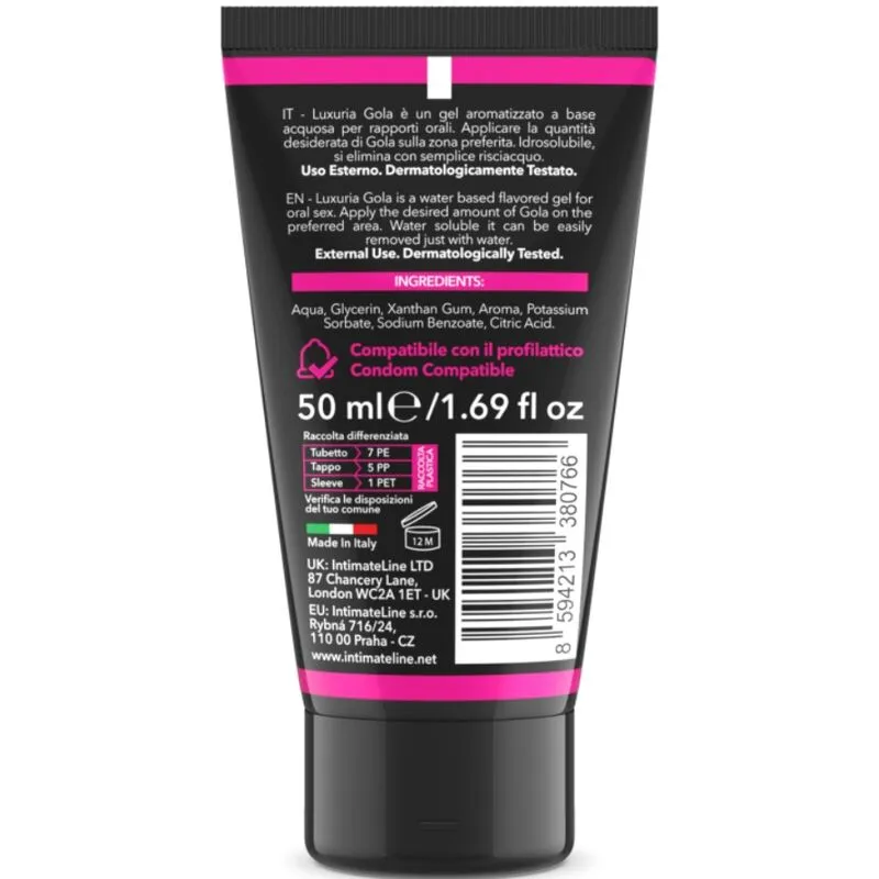 Intimateline Luxuria gel sexuel oral saveur cerise 50ml lubrifiant aphrodisiaque sécuritaire sans parabènes base aqueuse compatible préservatifs
