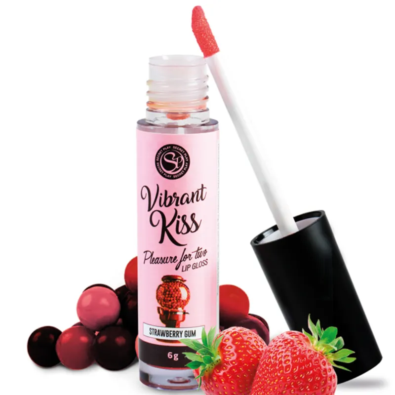 brillant lèvres érotique vibrations fraise gomme saveur sucrée sensoriel sensuel discret élégant cylindrique transparent applicateur mousse ergonomique