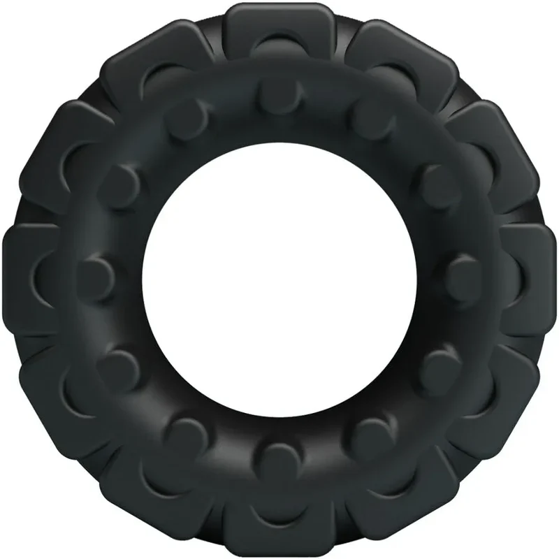 anneau silicone souple hypoallergénique ergonomique extensible ajustable texture ondulée segmentée confort maintien érection prolongation sensations supplémentaires discrétion noir