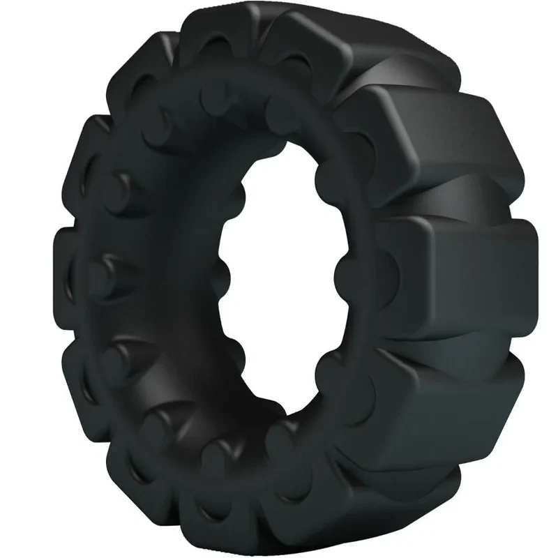 anneau silicone souple hypoallergénique ergonomique extensible ajustable texture ondulée segmentée confort maintien érection prolongation sensations supplémentaires discrétion noir