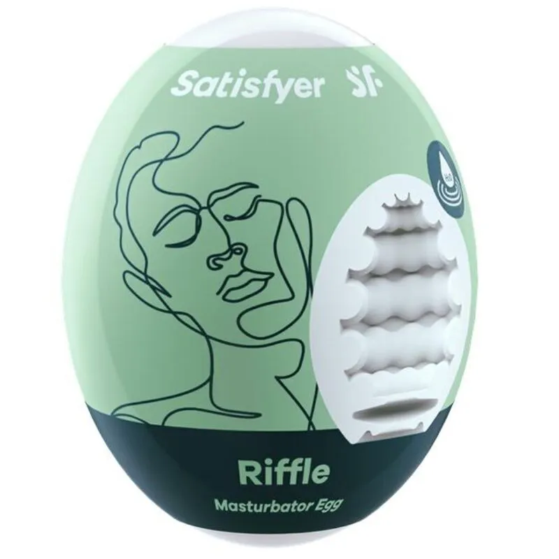 Oeuf masturbateur Satisfyer Riffle innovation hydroactive stimulation masculine design esthétique discret compact texture interne ondulée silicone extérieur vert pâle transportable