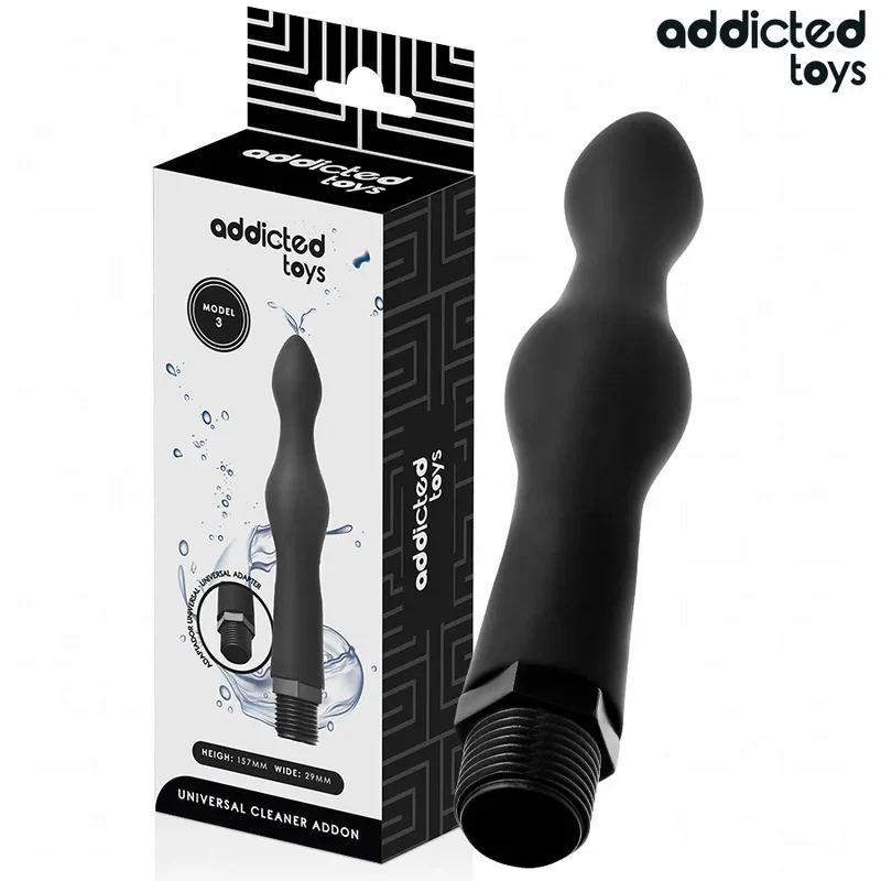nettoyeur anal universel silicone souple adaptateur modèle3 ergonomique hypoallergénique facile nettoyage insertion arrondie discrétion noir connexion filetée dimensions compactes