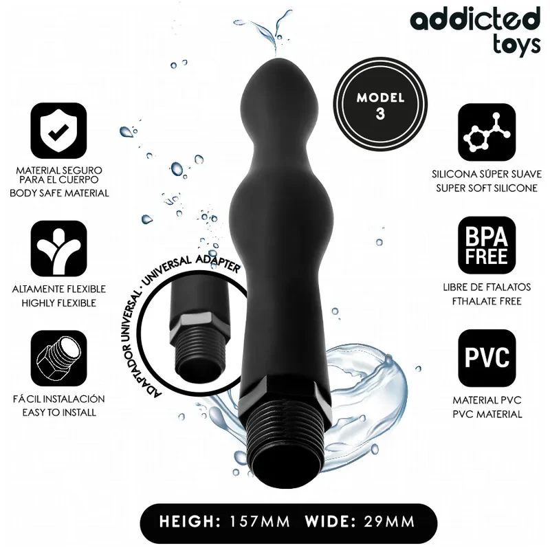 nettoyeur anal universel silicone souple adaptateur modèle3 ergonomique hypoallergénique facile nettoyage insertion arrondie discrétion noir connexion filetée dimensions compactes