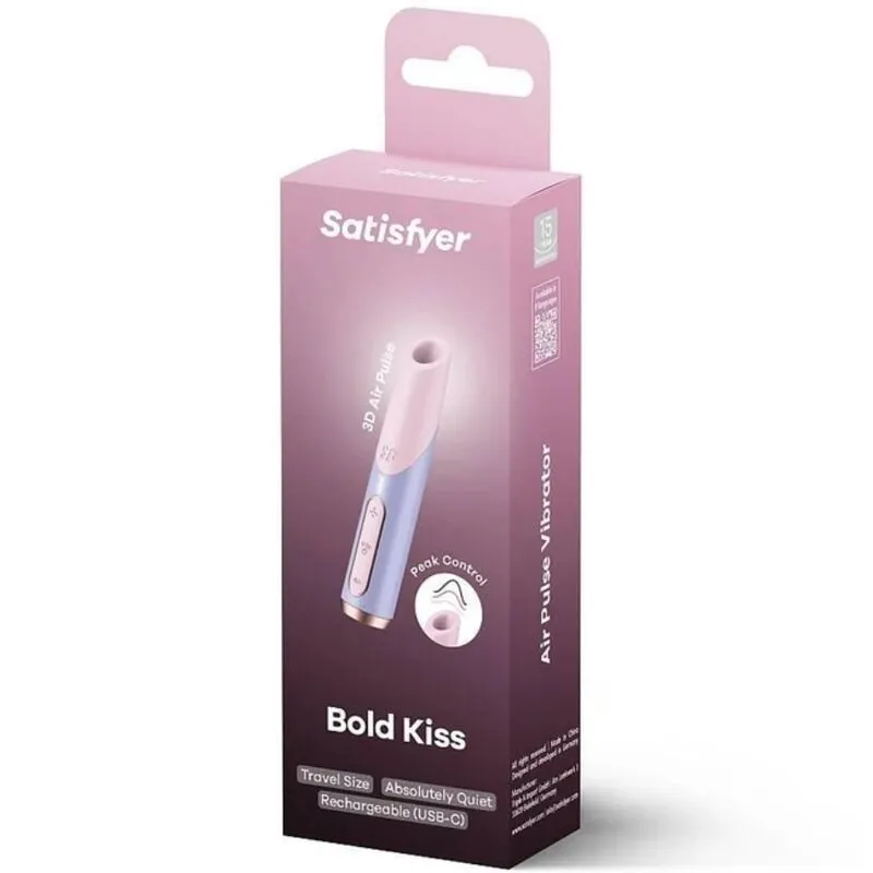 Stimulateur clitoridien Satisfyer Bold Kiss Wave, mini, sans fil, silicone doux, 3 vitesses, 10 modes, format voyage, rose/violet, discret, sextoy