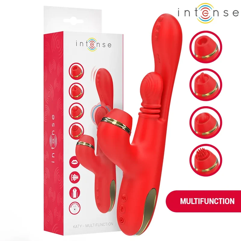 vibrateur multifonctionnel Katy quatre têtes interchangeables silicone médical hypoallergénique rechargeable étanche double moteur stimulation clitoridienne point G ergonomique