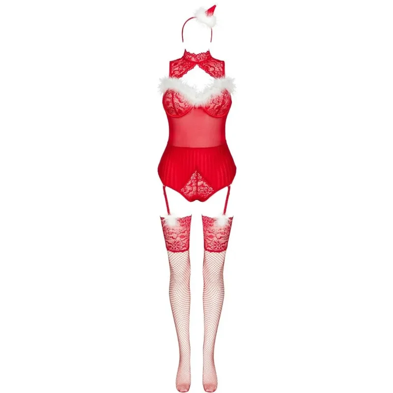 lingerie érotique Noël corsetti body bas résille bandeau bonnet fourrure blanche rouge vif jarretelles bretelles ajustables extensible sensuelle