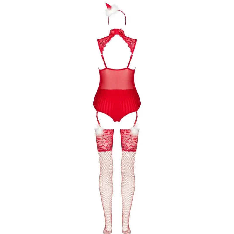 lingerie érotique Noël corsetti body bas résille bandeau bonnet fourrure blanche rouge vif jarretelles bretelles ajustables extensible sensuelle