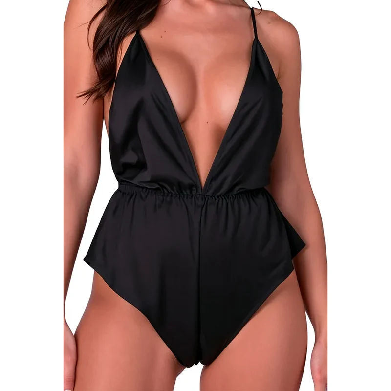 Body érotique élégant en satin noir décolleté V profond bretelles dorées taille élastique lingerie sexy femmes