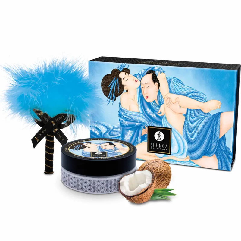 Kit poudre massage comestible coco plumeau plumes synthétiques bleu manche satin noir esthétique artisanal asiatique élégant discret sensoriel sensuel intime