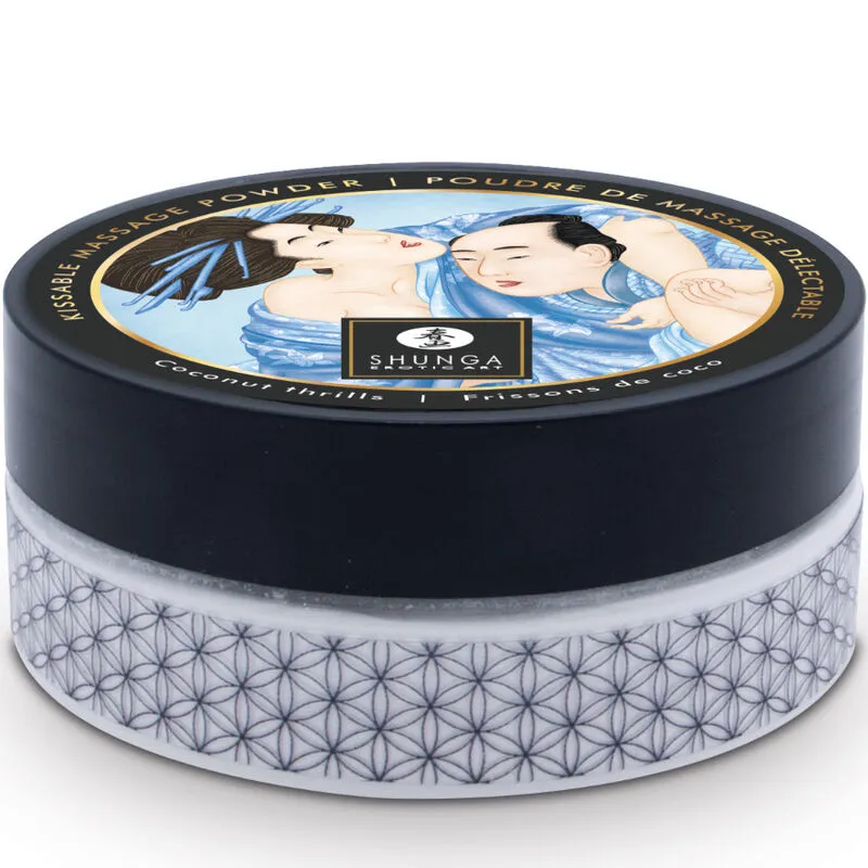 Kit poudre massage comestible coco plumeau plumes synthétiques bleu manche satin noir esthétique artisanal asiatique élégant discret sensoriel sensuel intime