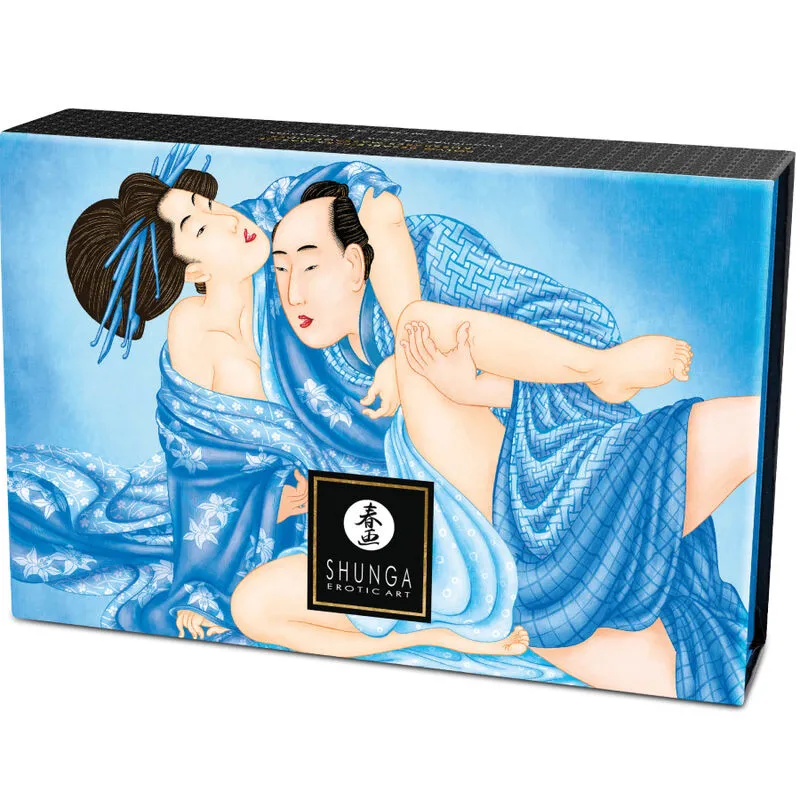 Kit poudre massage comestible coco plumeau plumes synthétiques bleu manche satin noir esthétique artisanal asiatique élégant discret sensoriel sensuel intime