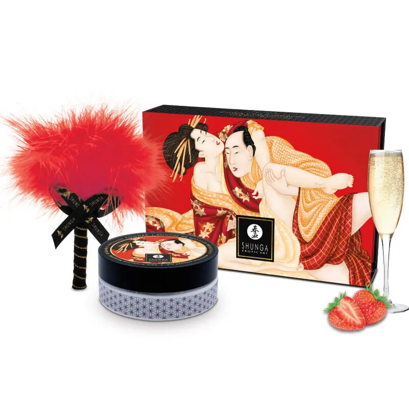 Shunga coffret poudre massage comestible fraise plumeau plumes rouge artisanal japonais inspiré sensuel raffiné élégant sophistiqué sensoriel
