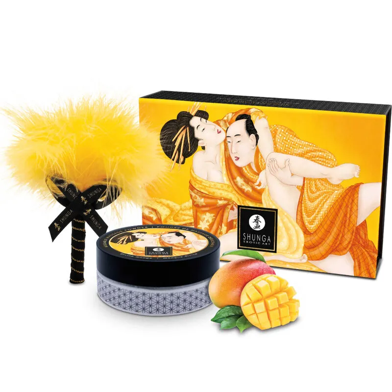 Shunga kit poudre massage comestible mangue sensoriel sensuel plumeau plumes douces manche noir ruban esthétique japonais aromatique délicieux