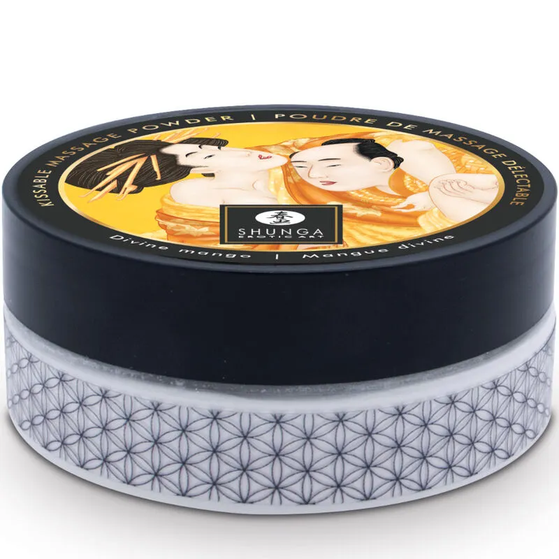 Shunga kit poudre massage comestible mangue sensoriel sensuel plumeau plumes douces manche noir ruban esthétique japonais aromatique délicieux