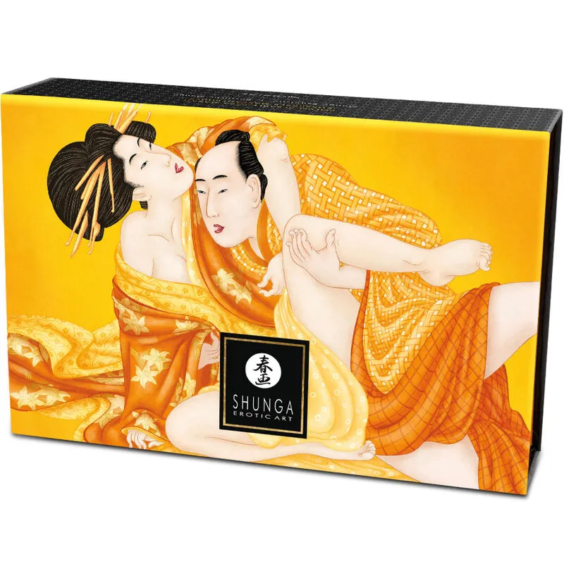 Shunga kit poudre massage comestible mangue sensoriel sensuel plumeau plumes douces manche noir ruban esthétique japonais aromatique délicieux