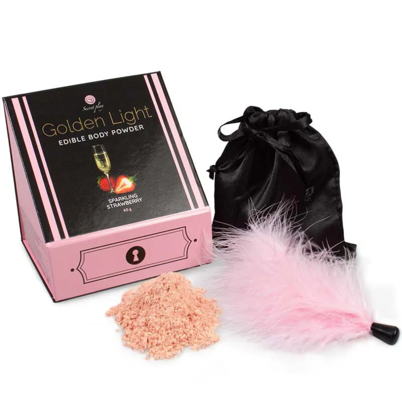 poudre comestible dorée rose pâle fraise pétillante plumeau sensoriel sensuel érotique gourmand chic sophistiqué discret portable