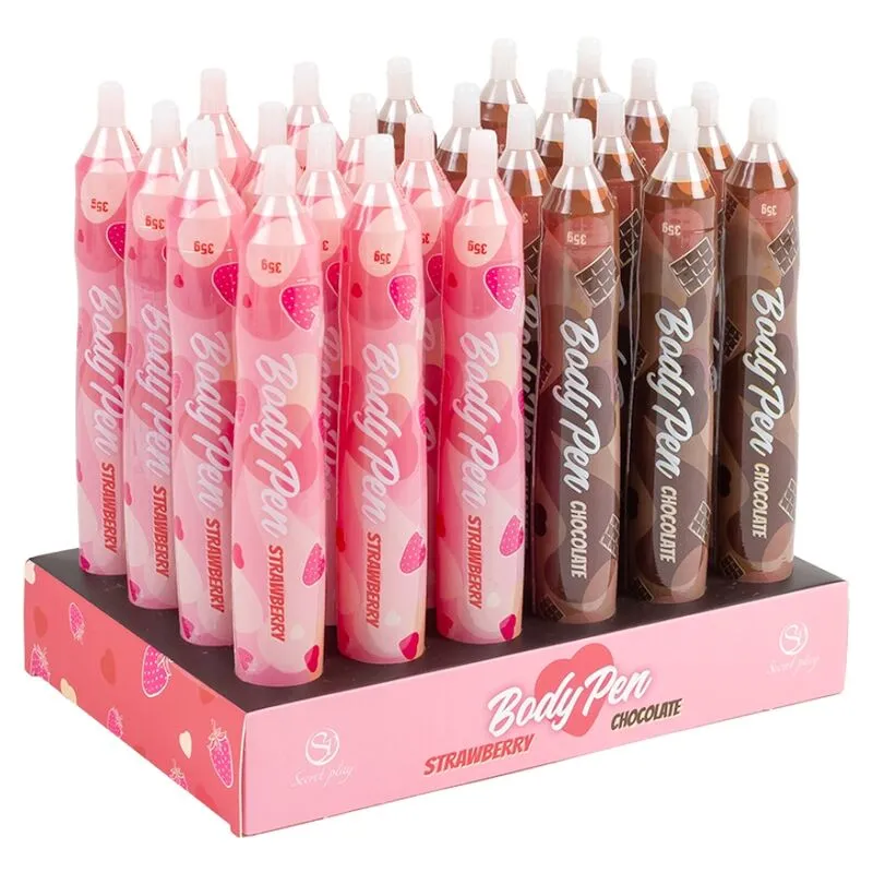 Secret Play Présentoir Stylo Corps Edible 24 Unités Body Painting Intime Créatif Sensoriel Couple Fraise Chocolat