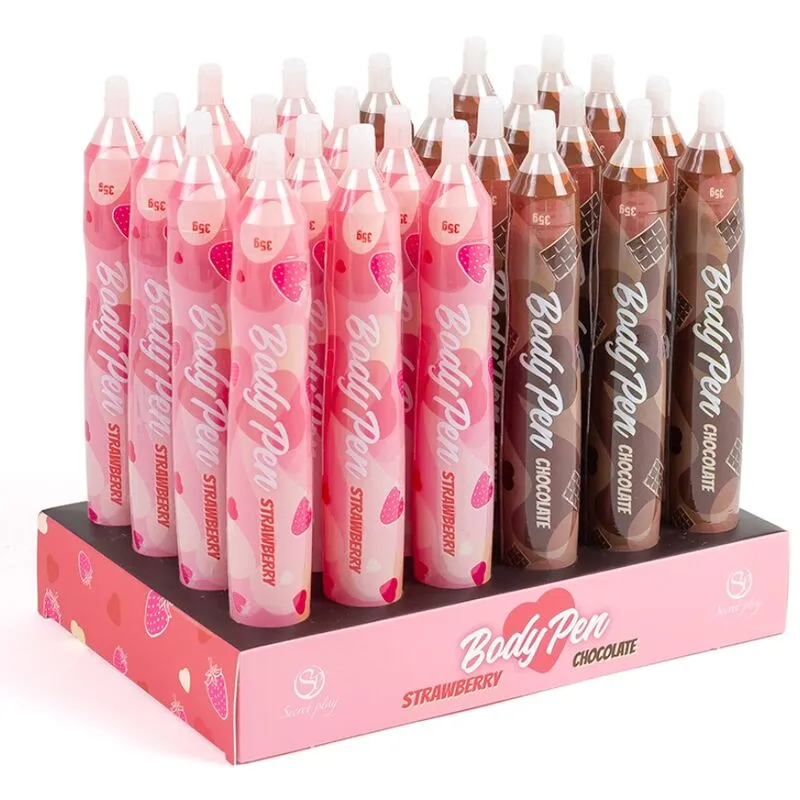 stylo corps secret fraise aromatisé ludique ergonomique rose motifs cœurs lisse plastique hygiénique applicateur pointu précis généreux 35g discret romantique
