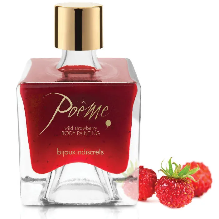 encre corporelle comestible Poême fraise sauvage 50g flacon verre transparent capuchon doré plume noire application précise sensuelle romantique
