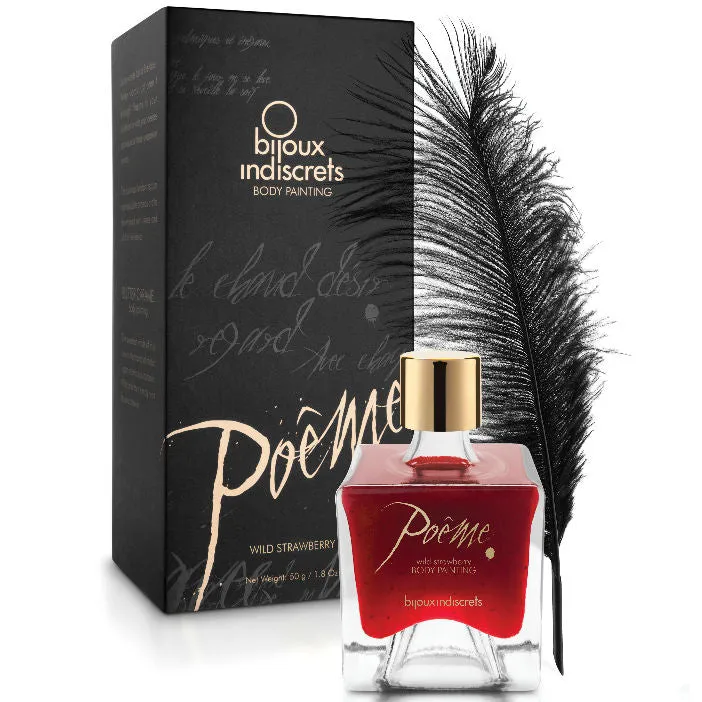 encre corporelle comestible Poême fraise sauvage 50g flacon verre transparent capuchon doré plume noire application précise sensuelle romantique