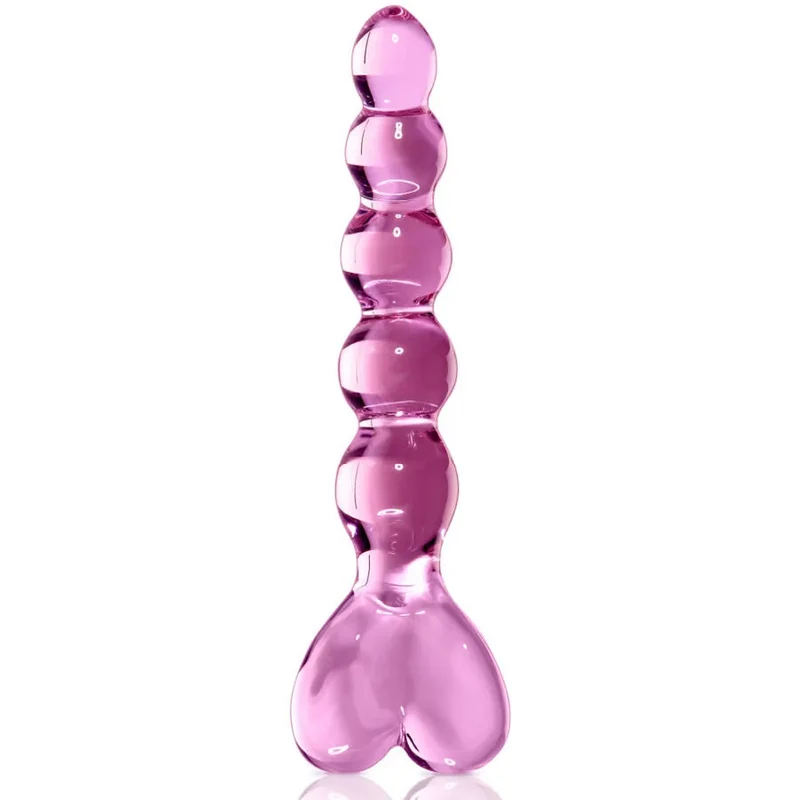 masseur verre rose transparent perles sphériques stimulation progressive ergonomique base coeur borosilicaté hypoallergénique non poreux lubrifiants températures sensations