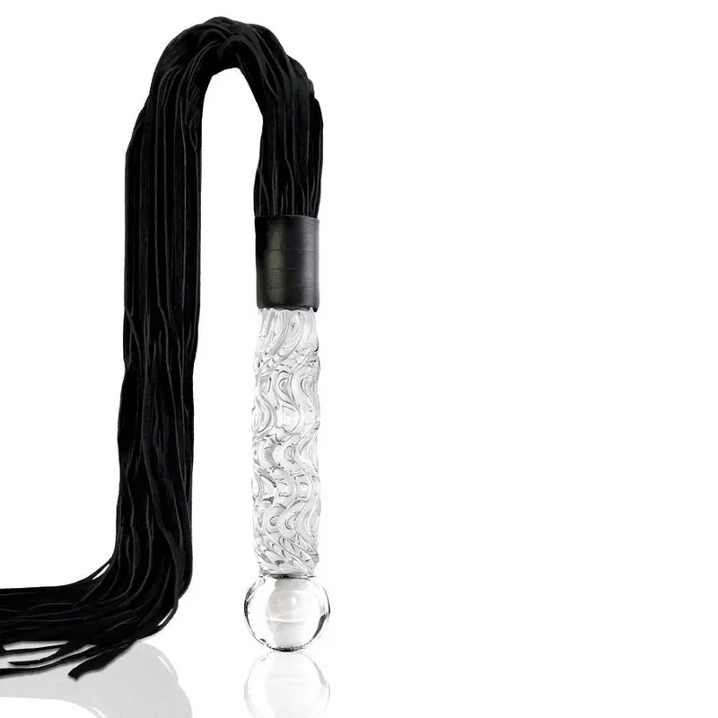 Fouet érotique en verre soufflé simili-cuir noir design ondulé sensations intensifiées sextoy BDSM jeu sensible couple intimité élégance discrétion