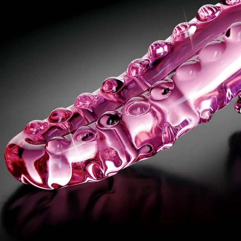 Dildo en verre courbé avec nodules stimulation texturée transparent rose sextoy intime couple érotique hypoallergénique durable