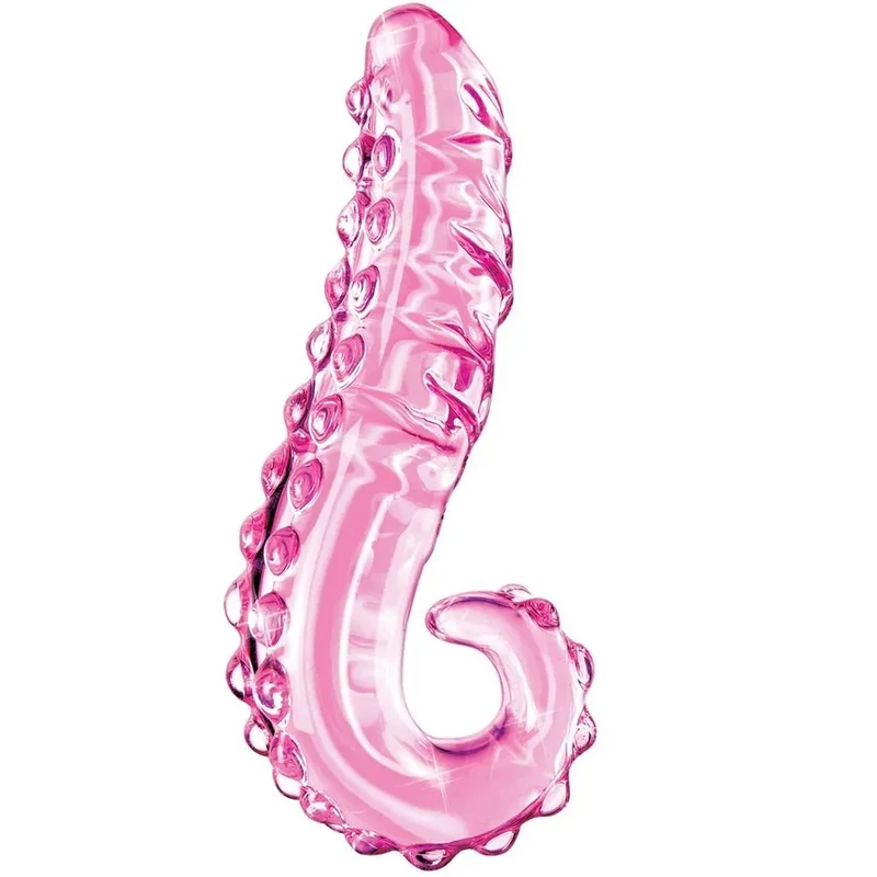 Dildo en verre courbé avec nodules stimulation texturée transparent rose sextoy intime couple érotique hypoallergénique durable