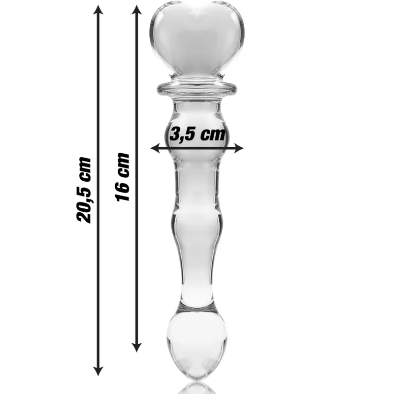 sextoy verre borosilicate transparent ondulé symétrique courbes prononcées coeur arrondie hypoallergénique résistant chocs thermiques nettoyage élégant stimulation anale vaginale