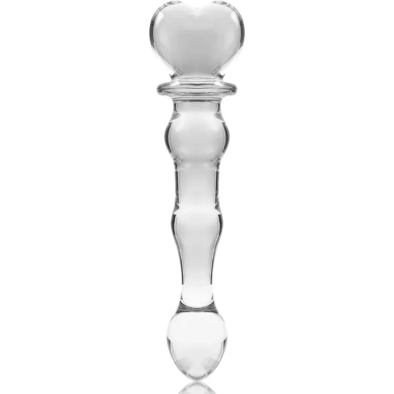 sextoy verre borosilicate transparent ondulé symétrique courbes prononcées coeur arrondie hypoallergénique résistant chocs thermiques nettoyage élégant stimulation anale vaginale