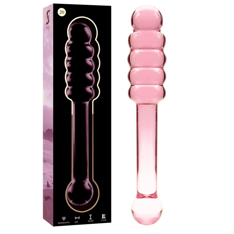 Plug anal verre borosilicate design épuré sextoy haut gamme hypoallergénique non poreux annelé allongé ergonomique thermique lisse brillant rose translucide
