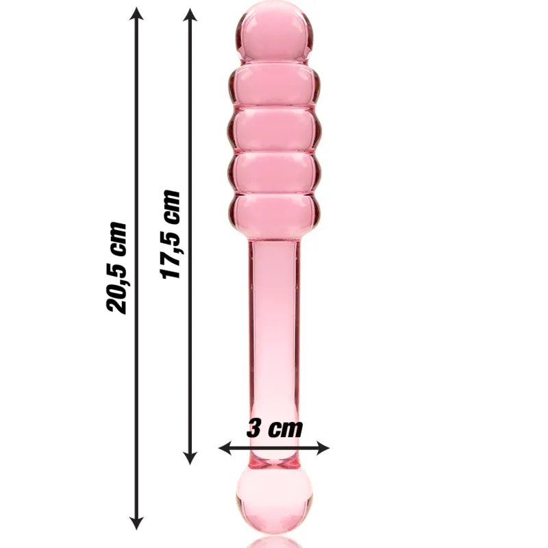 Plug anal verre borosilicate design épuré sextoy haut gamme hypoallergénique non poreux annelé allongé ergonomique thermique lisse brillant rose translucide