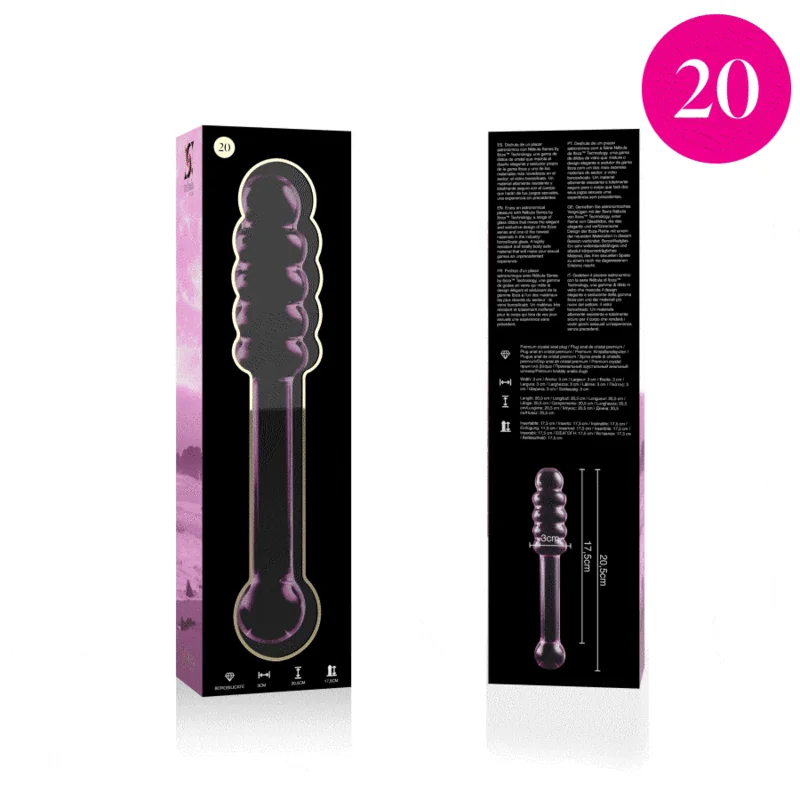Plug anal verre borosilicate design épuré sextoy haut gamme hypoallergénique non poreux annelé allongé ergonomique thermique lisse brillant rose translucide