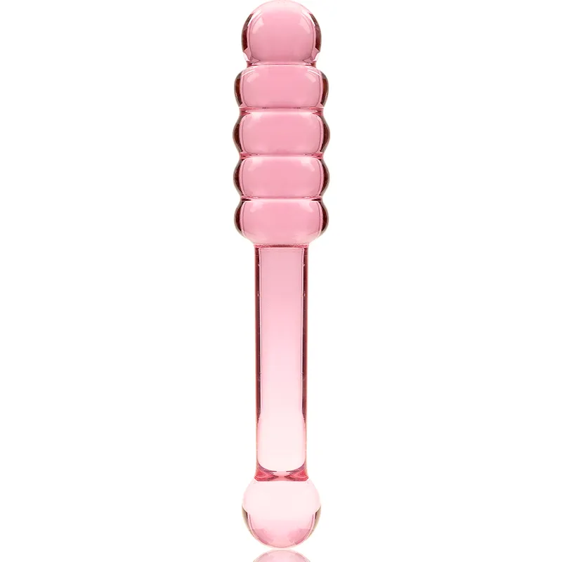 Plug anal verre borosilicate design épuré sextoy haut gamme hypoallergénique non poreux annelé allongé ergonomique thermique lisse brillant rose translucide