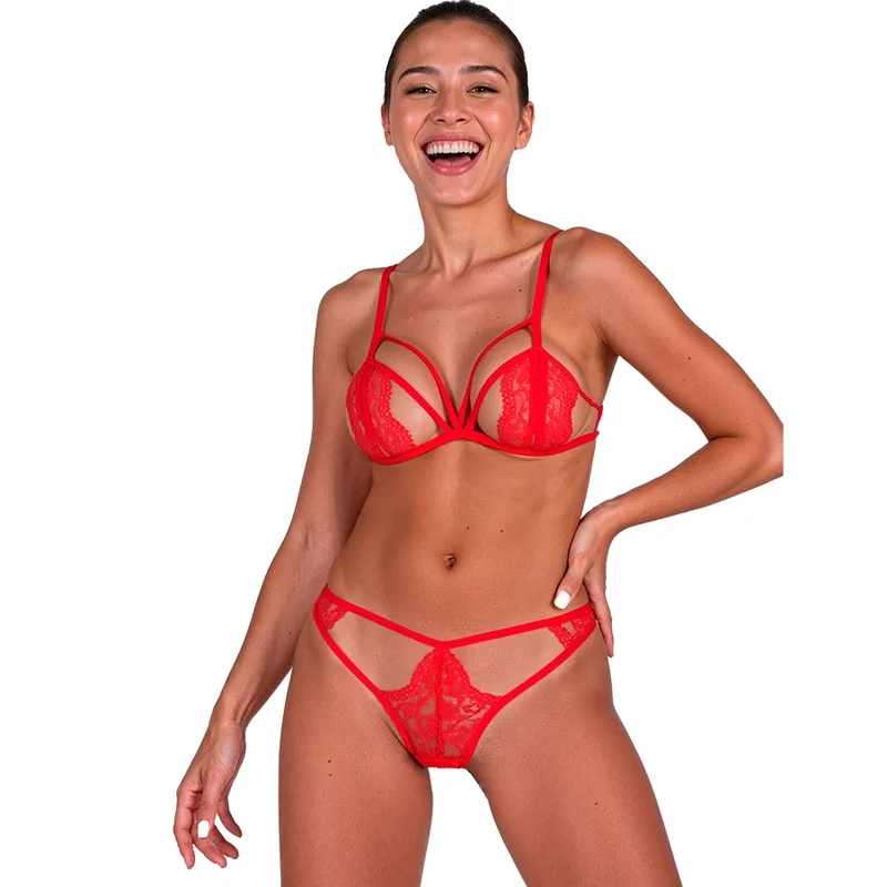 Ensemble lingerie sexy dentelle rouge passion woman set bustier soutien-gorge string Anuvera Fire Brick