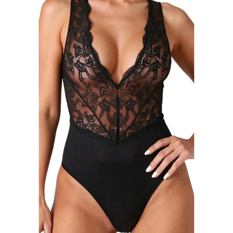 body élégant sensuel dentelle délicate noire empiècements transparents tissu extensible confortable ajustable maintien sculptant séduction soirée intime sophistiqué