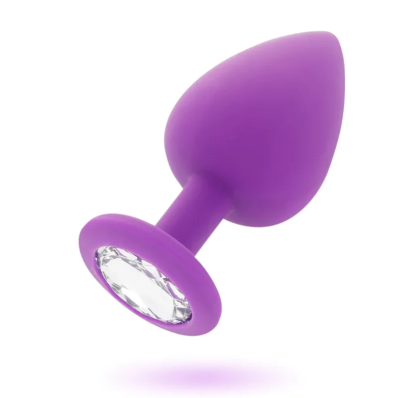 Plug anal silicone médical hypoallergénique doux soyeux ergonomique conique effilé insertion progressive base sécurisée faux diamant transparent lilas